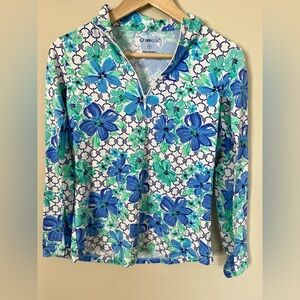 Ibkul 1/4 Zip Pullover Blue Green Floral Size Small